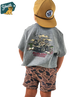 Child wearing a gray t-shirt with a JEEP graphic design and camouflage shorts, standing against a white background.