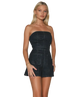 Woman wearing a DENIM strapless ROMPER WITH POCKETS on a white background