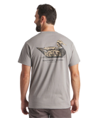 Man wearing a gray t-shirt with a duck design and 'Southern Marsh' text on the back.