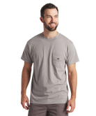 Man wearing a gray t-shirt with a logo on a white background