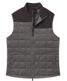 Gray puffer vest with a dark brown collar on a white background