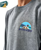 Gray long sleeve t-shirt with a duck logo and 'Burlebo' text on a white background