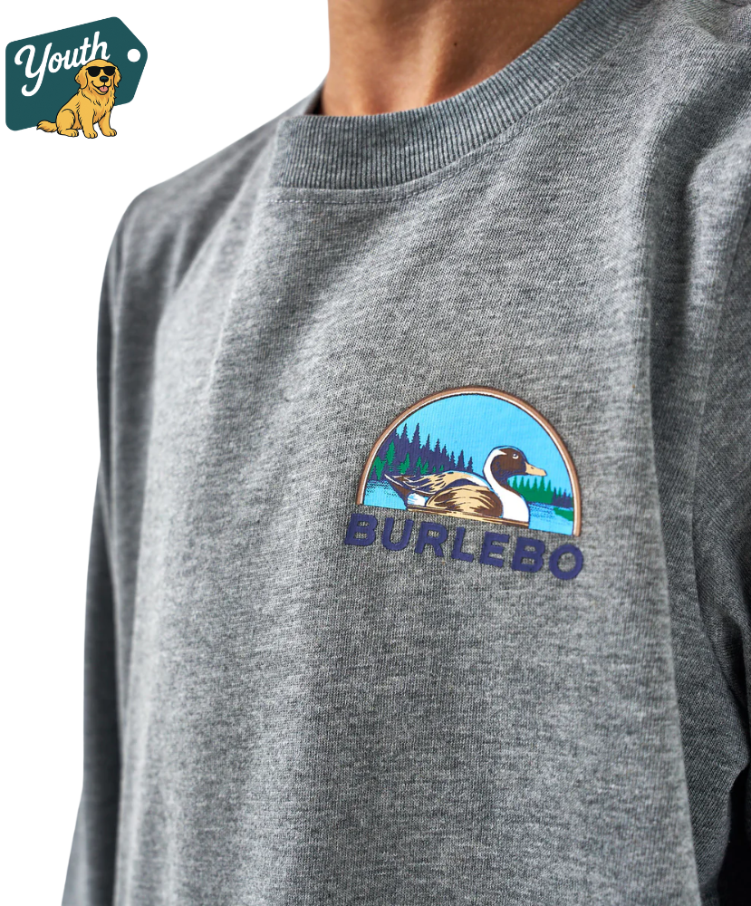 Gray long sleeve t-shirt with a duck logo and 'Burlebo' text on a white background