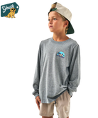 Child wearing a gray long-sleeve shirt with a Burlebo logo, standing against a white background.