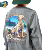 Gray long-sleeve shirt with a dog graphic and 'Field Companion' text on the back, worn by a child.