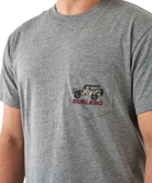 Gray t-shirt with a bronco graphic and 'Burlebo' text on a white background