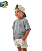 Child wearing a gray t-shirt with a Burlebo logo and beige shorts, standing against a white background with 'Youth' brand logo.