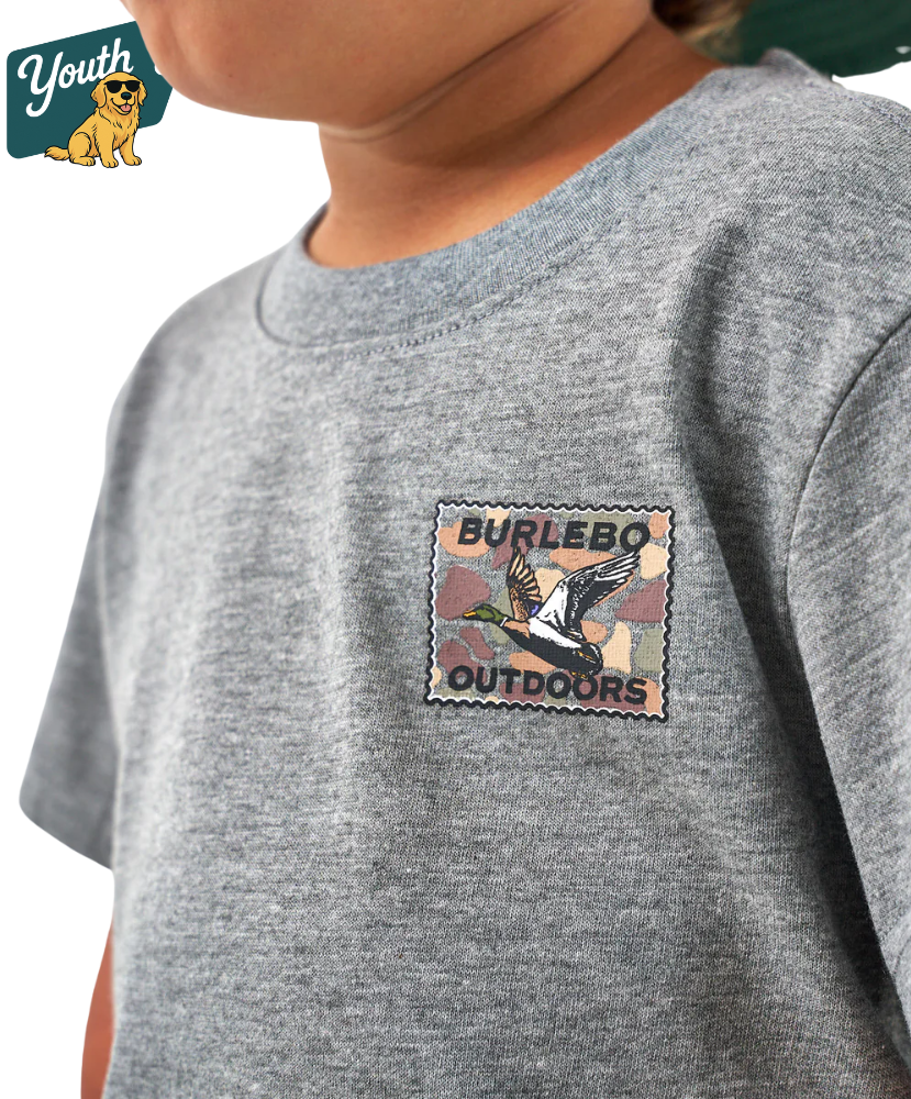 Gray t-shirt with a Burlebo Outdoors logo on a white background