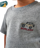 Gray t-shirt with a camouflage bronco jeep and 'Burlebo' logo on a child's chest.