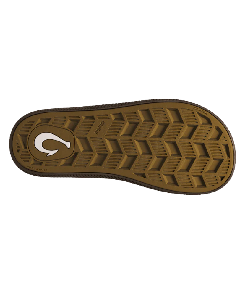 Brown sole of a shoe with a logo on a white background