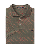 Olive green polo with a golden doodle pattern prnt