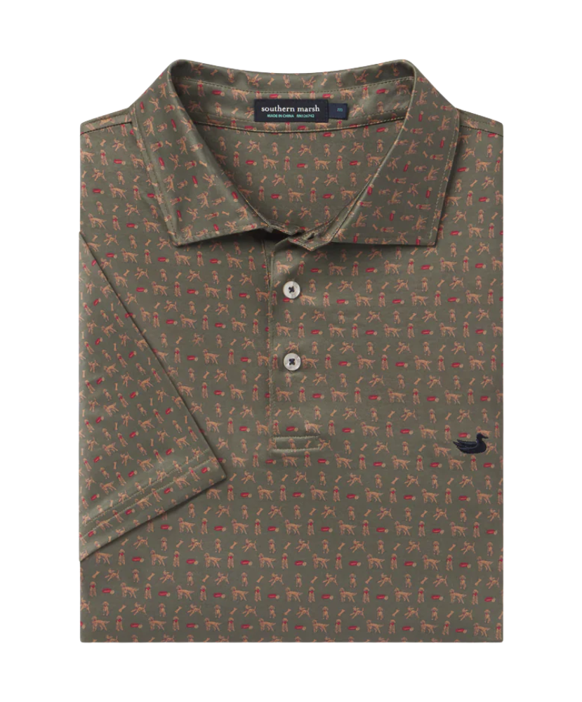 Olive green polo with a golden doodle pattern prnt