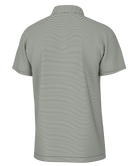 Back view of a gray and white striped polo shirt on a white background