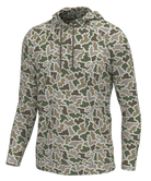 A long-sleeve hooded pullover top with an all-over camouflage pattern in olive green, tan, brown, and off-white, shown on a plain white background.