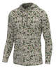 A long-sleeve hooded pullover top with an all-over camouflage pattern in olive green, tan, brown, and off-white, shown on a plain white background.