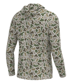 A long-sleeve hooded shirt with an all-over camouflage pattern in shades of green, brown, tan, and gray, shown on a plain white background.