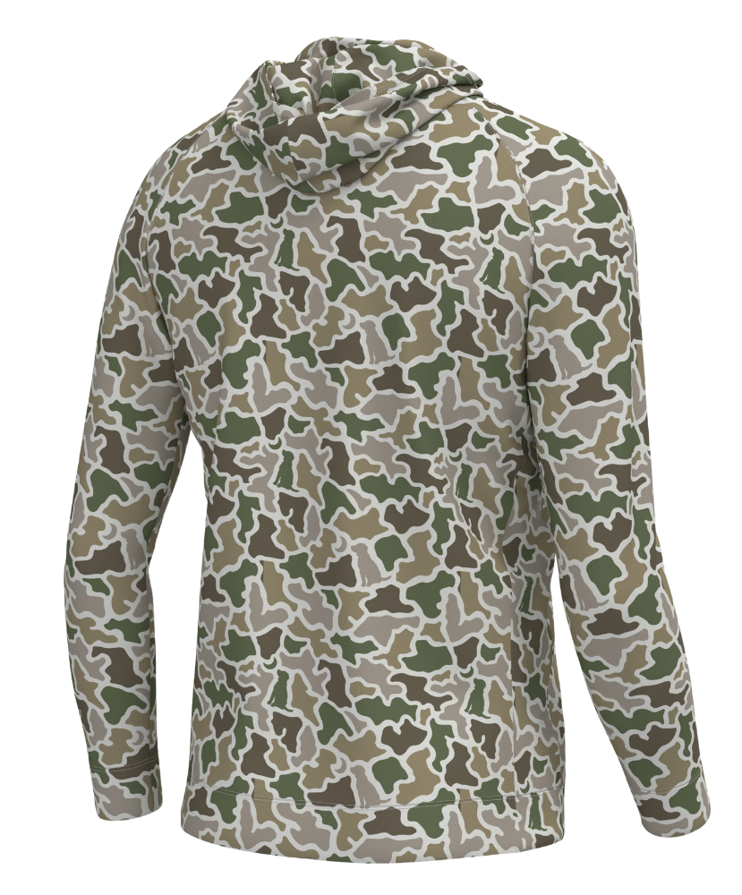 A long-sleeve hooded shirt with an all-over camouflage pattern in shades of green, brown, tan, and gray, shown on a plain white background.