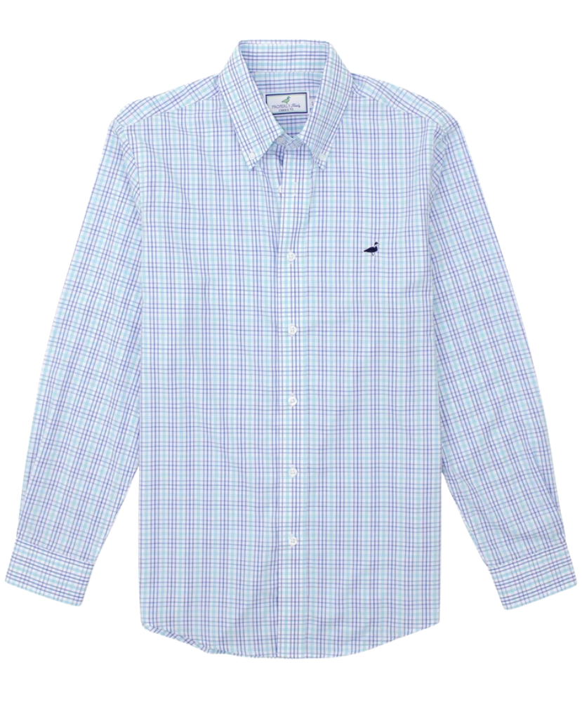 A long-sleeve button-down shirt with a fine blue and white checkered pattern, featuring a small navy blue whale logo on the left chest, displayed on a clean white background.