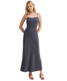 Woman wearing a dark BLUE Scarf Top Dress on a white background