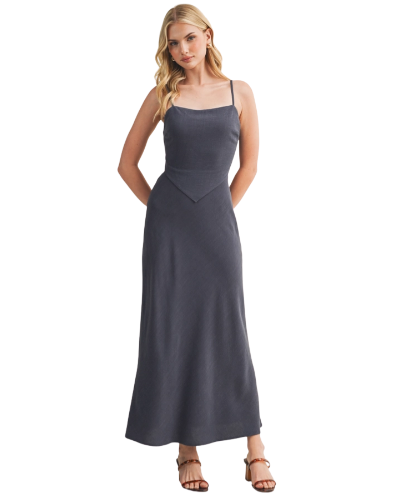 Woman wearing a dark BLUE Scarf Top Dress on a white background