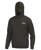 A BROWN pullover hoodie with a drawstring hood, kangaroo pocket, and a small white rectangular logo patch on the left chest. The inside of the hood features a contrasting camouflage pattern.