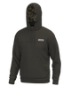 A BROWN pullover hoodie with a drawstring hood, kangaroo pocket, and a small white rectangular logo patch on the left chest. The inside of the hood features a contrasting camouflage pattern.