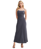 Woman wearing a dark BLUE Scarf Top Dress on a white background