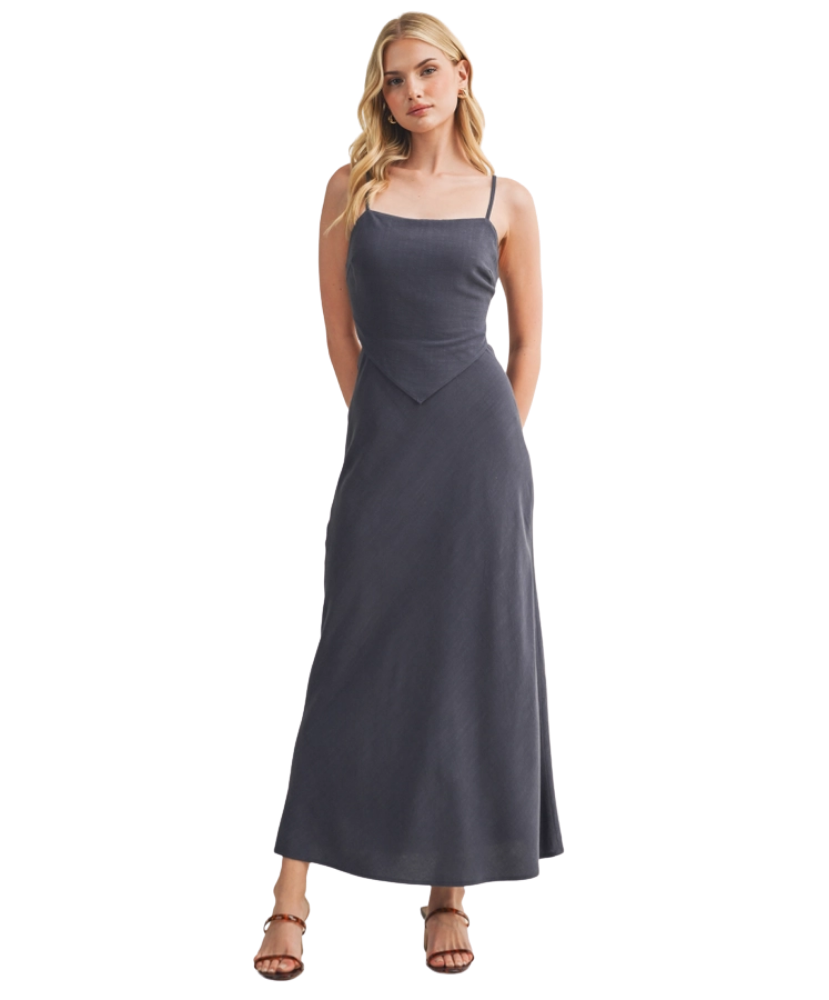 Woman wearing a dark BLUE Scarf Top Dress on a white background