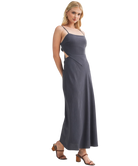 Woman wearing a dark BLUE Scarf Top Dress on a white background