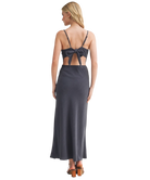 Woman wearing a dark BLUE Scarf Top Dress on a white background