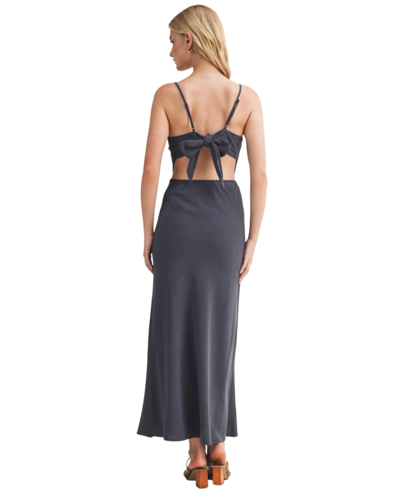 Woman wearing a dark BLUE Scarf Top Dress on a white background