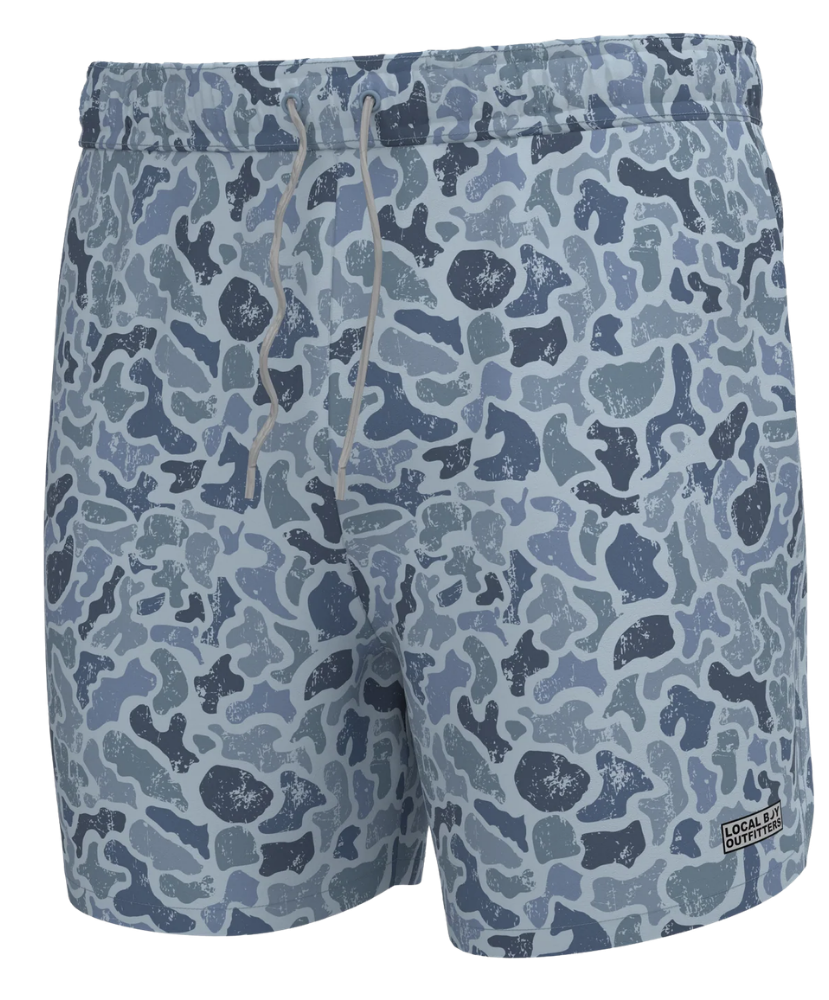 Blue camouflage shorts with a brand label on a white background