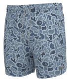 Blue camouflage shorts with a brand label on a white background