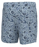 Blue camouflage-patterned shorts on a white background