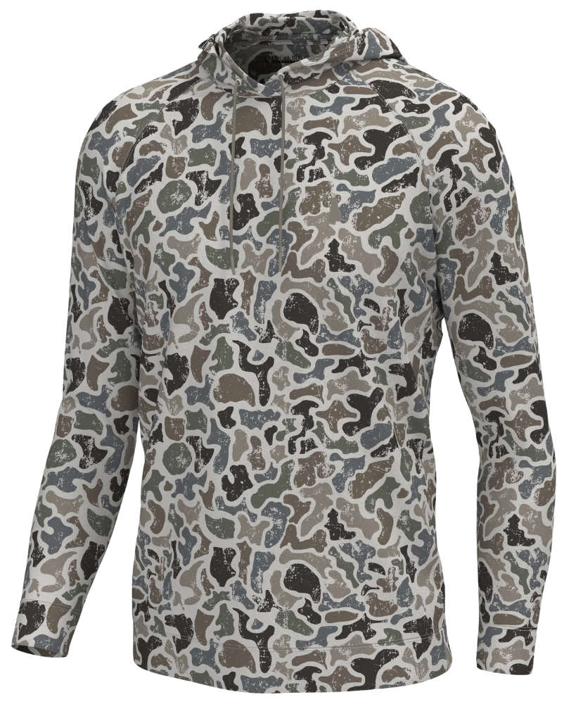 A long-sleeve hooded quarter-zip pullover in a complex organic camouflage pattern featuring shades of gray, brown, beige, and muted blue-gray, shown on a plain white background.
