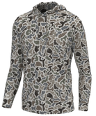 A long-sleeve hooded quarter-zip pullover in a complex organic camouflage pattern featuring shades of gray, brown, beige, and muted blue-gray, shown on a plain white background.