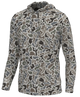 A long-sleeve hooded quarter-zip pullover in a complex organic camouflage pattern featuring shades of gray, brown, beige, and muted blue-gray, shown on a plain white background.