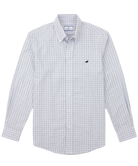A long-sleeve button-down shirt in a fine blue and white check pattern, featuring a small navy blue bird logo on the left chest, displayed on a clean white background.