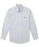 A long-sleeve button-down shirt in a fine blue and white check pattern, featuring a small navy blue bird logo on the left chest, displayed on a clean white background.