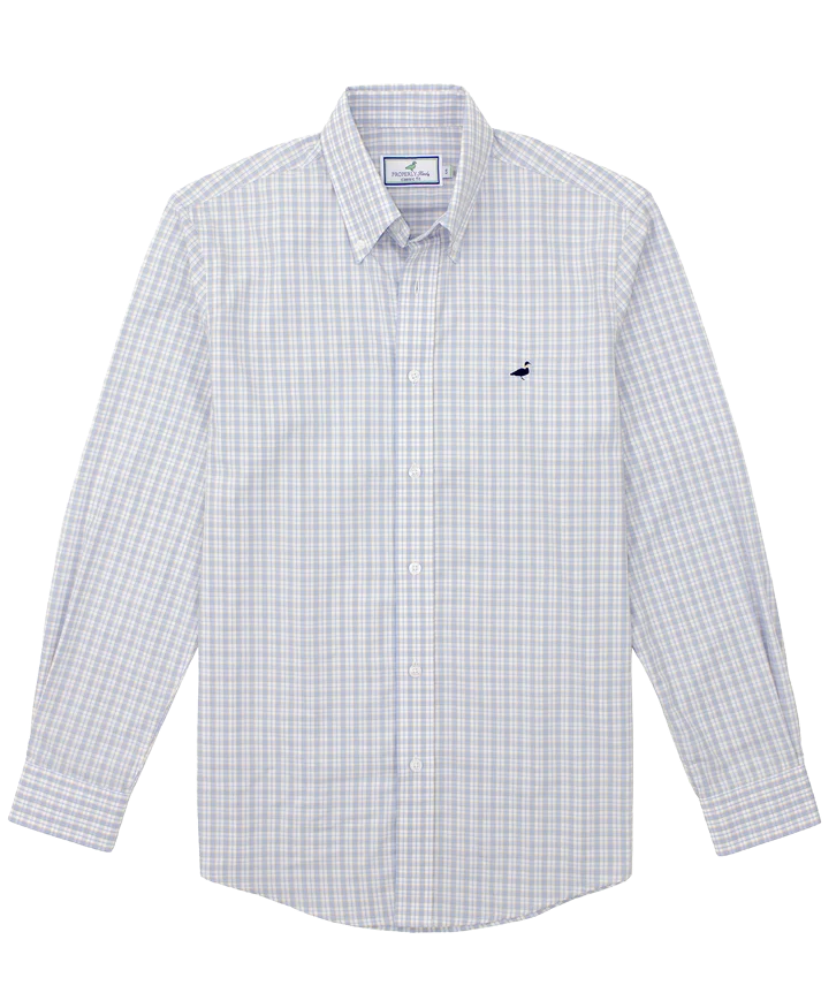 A long-sleeve button-down shirt in a fine blue and white check pattern, featuring a small navy blue bird logo on the left chest, displayed on a clean white background.