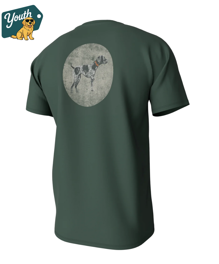 YOUTH green t-shirt with a GSP dog graphic on the back, featuring the 'Youth' brand logo.