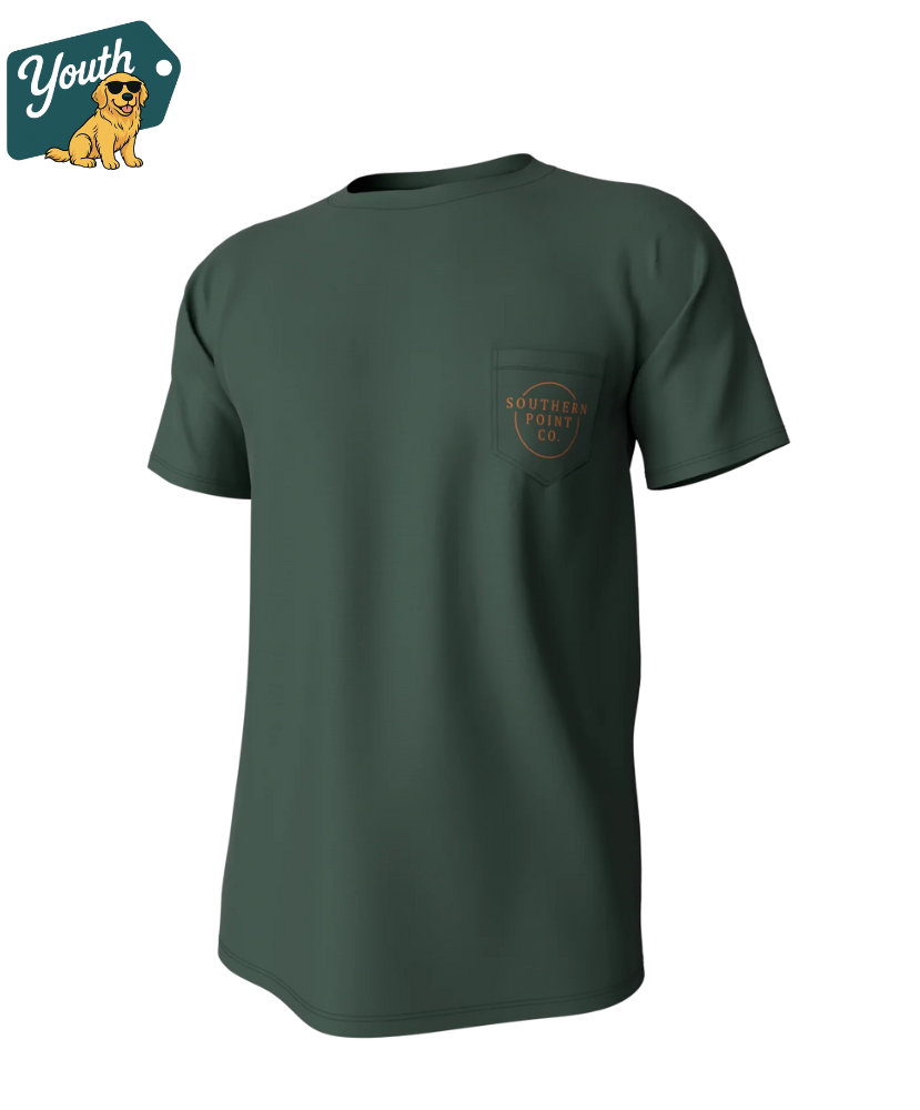 Youth green t-shirt with a southern point logo on the chest against a white background