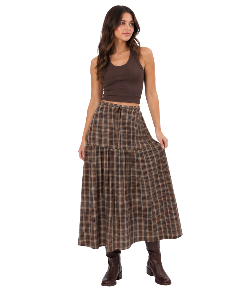 Prairie Afternoon Flared Plaid Maxi Skirt with Waist Belt