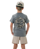 A youth wearing a gray t-shirt with a camouflage pattern on the back, short-sleeved, from the Spring 25 Collection.