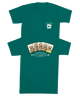 Green t-shirt with dogs as playing cards and ROTYAL FLUSH CLUB on a white background