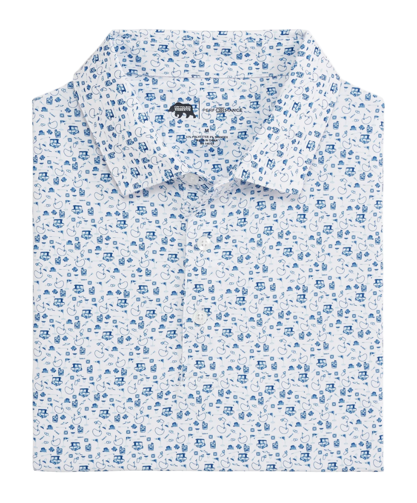 White shirt with blue floral pattern on a white background