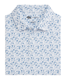 White shirt with blue floral pattern on a white background