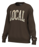 A dark brown crewneck sweatshirt featuring the word 'LOCAL' printed across the chest in large varsity-style letters filled with a camouflage pattern. The sweatshirt is shown on a clean white background.