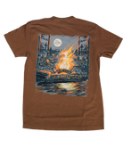 DIRTY MARSH Brown t-shirt with a graphic of a campfire and trees on a white background