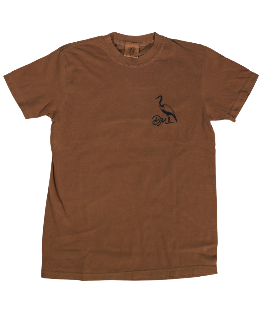 DIRTY MARSH Brown t-shirt with a small logo on the chest against a white background